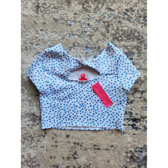 NWT Lilly Pulitzer Girls Size 14 Blue and White Polka Dot Cutout Back Thelma Top - Picture 2 of 3